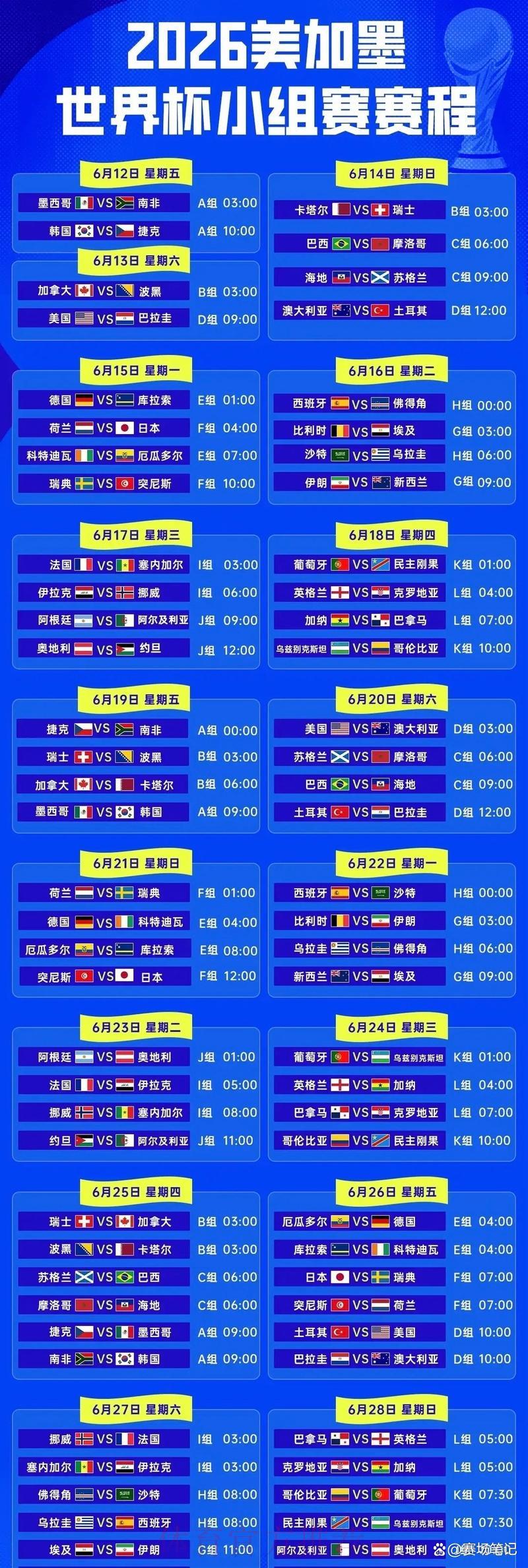 世界杯完整赛程时间表正式发布 世界杯完整赛程时间表正式发布